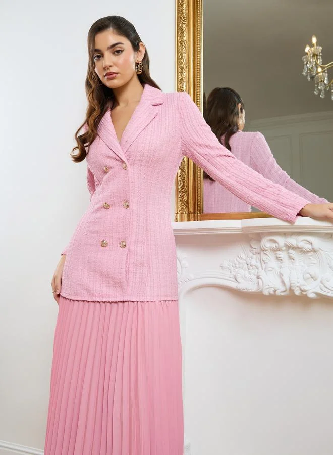 Styli Women Pink Tweed Pleated Blazer Midi Dress